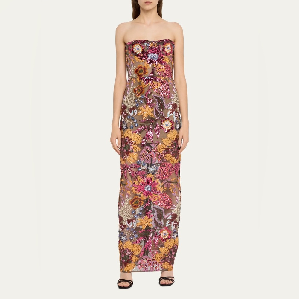 Bronx and Banco Strapless Floral Column Gown in Pink, Gold, Brown